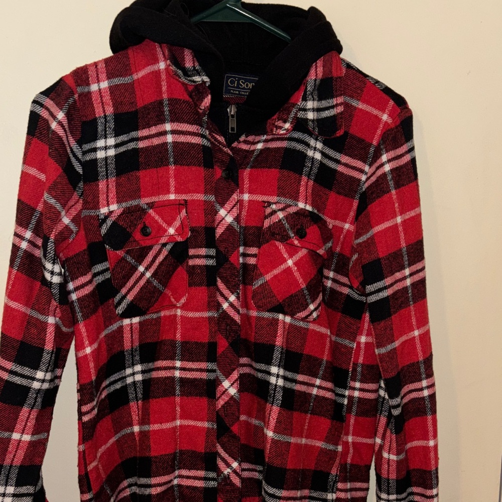 Ci Sono Red and Black Plaid Hooded Jacket With Zipper and Button Closure